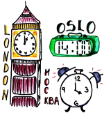 Tre klokker - Big Ben i London viser kl.13, den digitale klokken i Oslo viser 14:00 og i Moskva viser klokken kl.16.